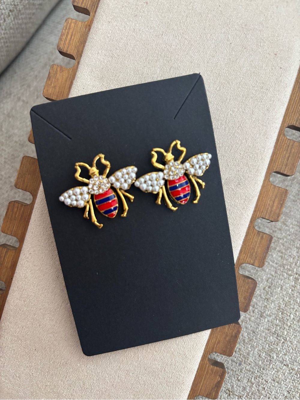 Gold Bee Pearl & Red Blue Enamel Stud Earrings
